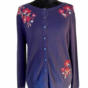 Charter Club Navy Blue Long Sleeved Flowered Cardigan